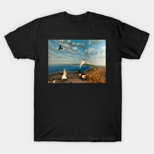 Natural environment diorama - birds flying on the shore of a pond T-Shirt